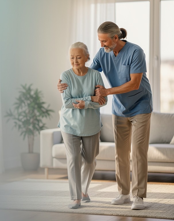 Caregiver assisting elderly person